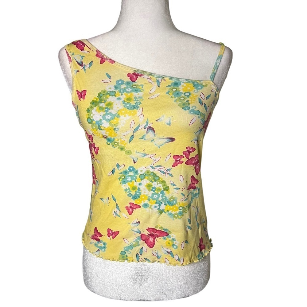 Tropical Y2K One-Shoulder Tank Butterflies 🦋 Ruffle Hem